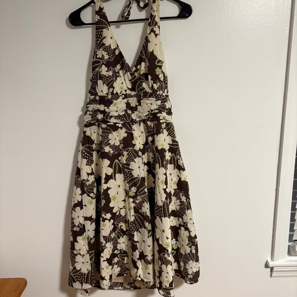 K Studio Brown Floral Halter‎ Dress 12 Boho Y2K Empire Waist Summer